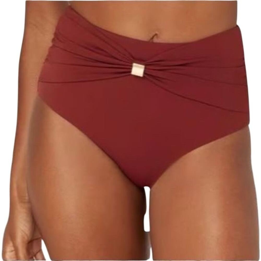 Andie Women's Dalia Truffle Red Bikini Bottom Small Ruched Front Gold Accent